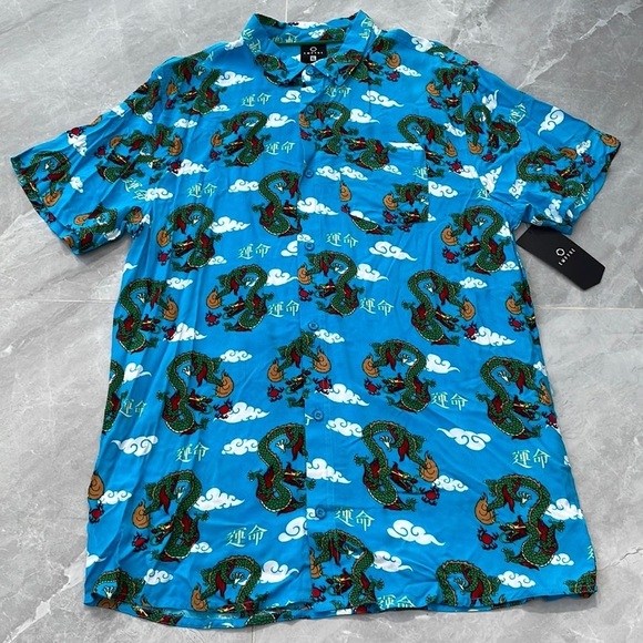 Empyre Other - Men’s Empyre Button Down Short Sleeve Collared Dress Shirt With Dragons XL